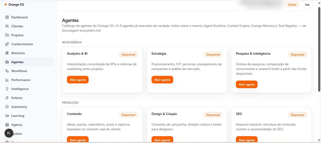 Catálogo do Orange OS com agentes de inteligência e produção