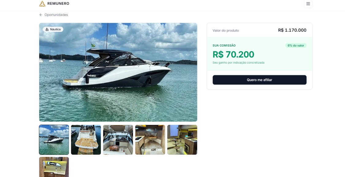 Página de oportunidade da REMUNERO com produto e comissão explícita