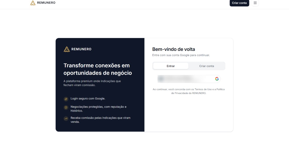 Tela de login seguro da REMUNERO