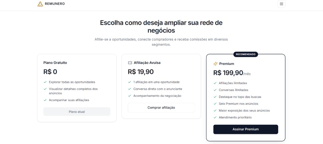Planos Gratuito, Afiliação Avulsa e Premium da REMUNERO