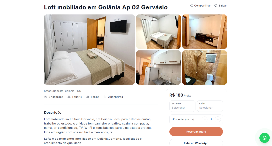 Página de um loft com galeria, descrição, comodidades e cálculo de reserva